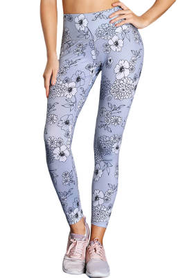 Gray Floral Print Allover High Waist Leggings