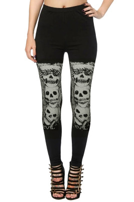 Black High Waist Skull Print Halloween Leggings