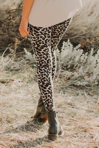 Floral Hollow Out Brown Leopard Printed Skinny Leggings