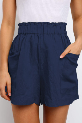 Blue Paperbag Waist Flare Casual Shorts with Pockets