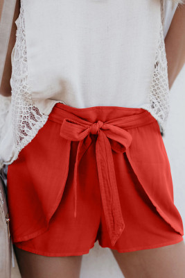 Red Plain Drawstring Waist Fashion Shorts