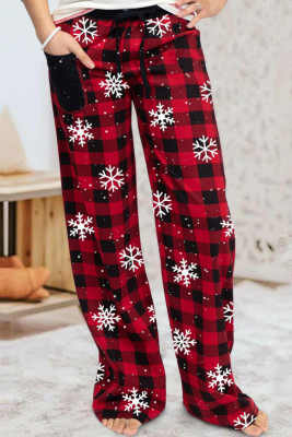 Red Buffalo Plaid Snowflake Print Casual Christmas Loose Pants