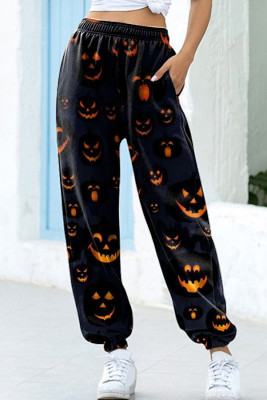 Black Halloween Jack-O-lantern Print Sweatpants