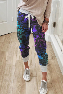 Purple Halloween Print Drawstring Casual Pants