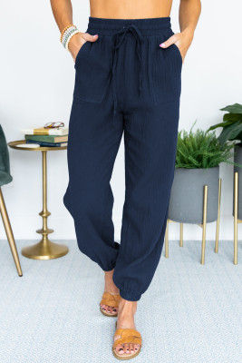 Blue Drawstring Elastic Waist Joggers with Pockets
