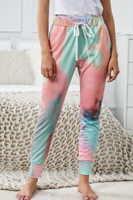 Pink Tie-dye Color Block Drawstring Pants