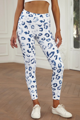 White Blue Leopard Pocketed Athletic Leggings