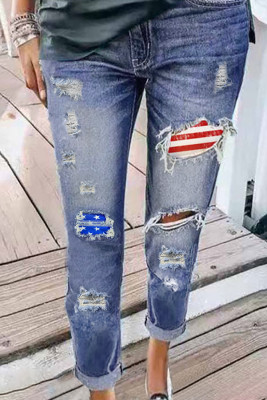 Vintage Stripes and Stars Patches Ripped Jeans