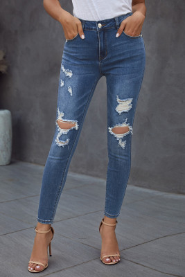 Blue Hollow Out Vintage Skinny Ripped Jeans
