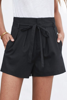 Black Tie Waist Casual Shorts with Pockets