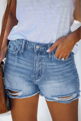 Sky Blue High Waist Frayed Denim Shorts