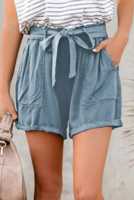 Sewn Cuffed Hemline Pocketed Cargo Shorts with Belt