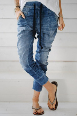 Light Blue Drawstring Elastic Waist Jogger Jeans