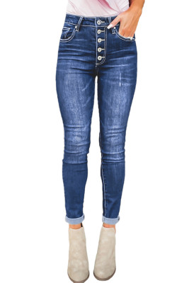 Blue High Rise Skinny Button Fly Jeans