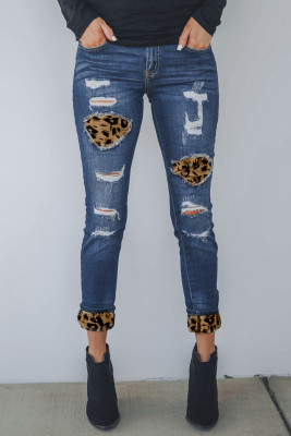 Mid Rise Leopard Patch Distressed Ankle Skinny Jeans