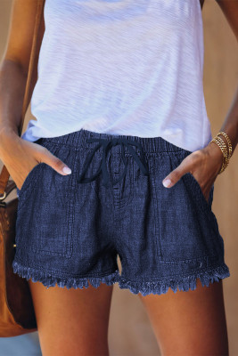 Dark Blue Casual Pocketed Frayed Denim Shorts