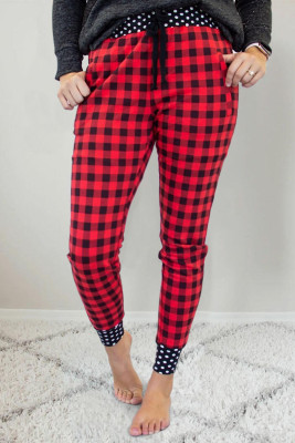 Red Plaid Print Polka Dot Splicing Drawstring Pants