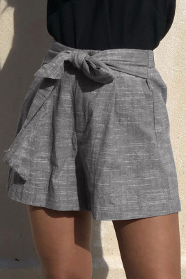 Black Tie Waist Casual Linen Shorts with Pockets