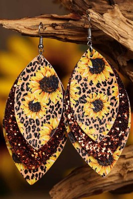 Leopard Sunflower Golden Sequined Leaf Multi-Layered Leather Earrings