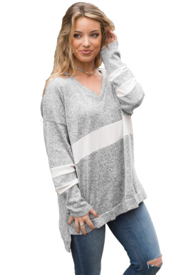 Gray V Neck Chunky Stripe Sweatshirt