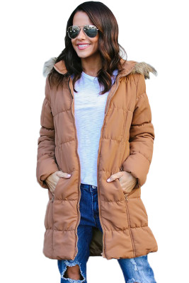 Camel Fur Trim Hooded Long Quilted Coat