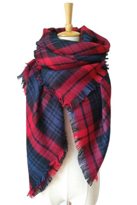 Red Blue Plaid Tassel Fashion Scarf