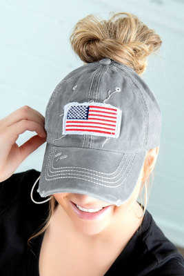 Gray USA Flag Messy Bun Cap