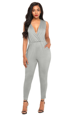 Gray Deep V Neck Sleeveless Jumpsuit