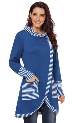 Navy Asymmetric Striped Cowl Neck Top