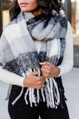 Black Plaid Fringe Scarf
