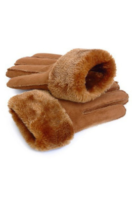 Khaki Synthetic Faux Suede Plush Lined Fashion Winter Gloves