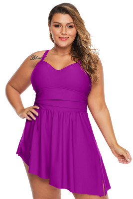 Purple Plus Shoulder Straps Skater Swimdress Swimwear