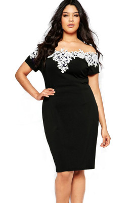 Lace Crochet Off Shoulder Black Plus Size Pencil Dress