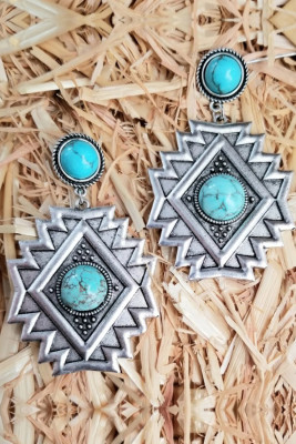 Retro Ethnic Geometric Rhombus Turquoise Earrings