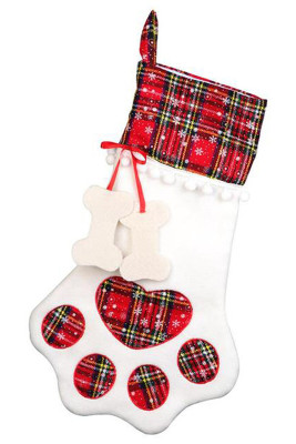 Red Dog Claw Bone Shape Christmas Plaid Print Hanging Sock