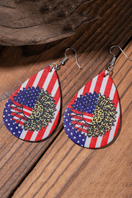 Leopard Flower Flag Print Water Drop Shape PU Earrings