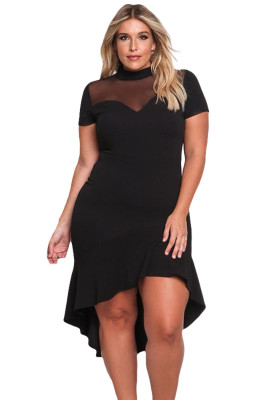 Black Mesh Insert Ruffled Hi-low Hem Curvy Dress