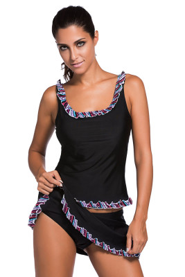 Plus Size Ruffle Trim Black Active Tank Top and Skort Swimsuit