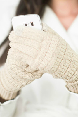 Beige Knit Winter Gloves with Suede Patch
