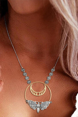 Silvery Moon Phase Skull Moth Mystery Pendant Necklace