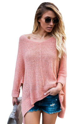 Pink Oversized Knit High-low Slit Side Sweater