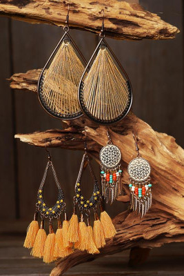 3 Pairs Bohemian Tassel Beading Feather Hollow Out Earrings