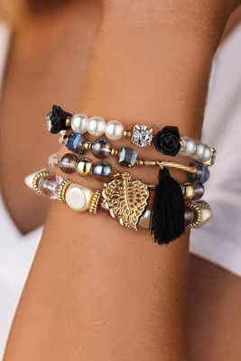 Black Floral Leaf Tassel Beading Multi-Layered Bracelet