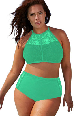 Green Patterned Mesh Insert Plus Size Swimwear