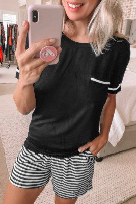 Solid Tee Striped Shorts Lounge Set