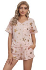 Pink Star Print V Neck Tee and Drawstring Shorts Lounge Set