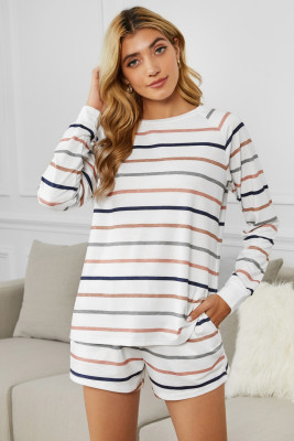 White Long Sleeve Drawstring Colorful Stripe Loungewear with Pocket