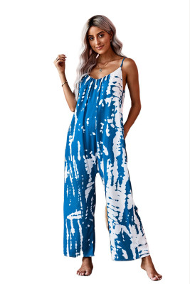 Blue Spaghetti Strap Tie Dye Baggy Long Pants Romper