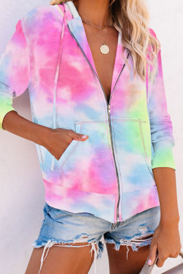 Pink Tie Dye Zip Front Hooded Coat