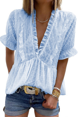 Sky Blue Frill Hem Ruffles Swiss Dot Top